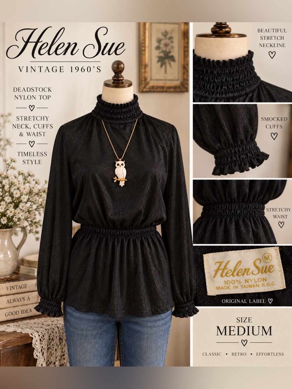 Vintage 60s -Helen Sue -Black Smocked High Neck & Waist Long Sleeve Top